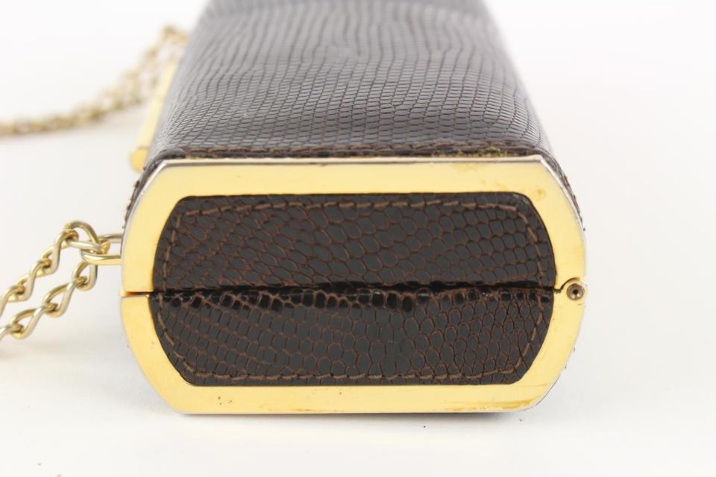 Gucci Dark Brown Lizard Minaudiere on Chain Evening Clutch 113g28 In Good Condition For Sale In Dix hills, NY