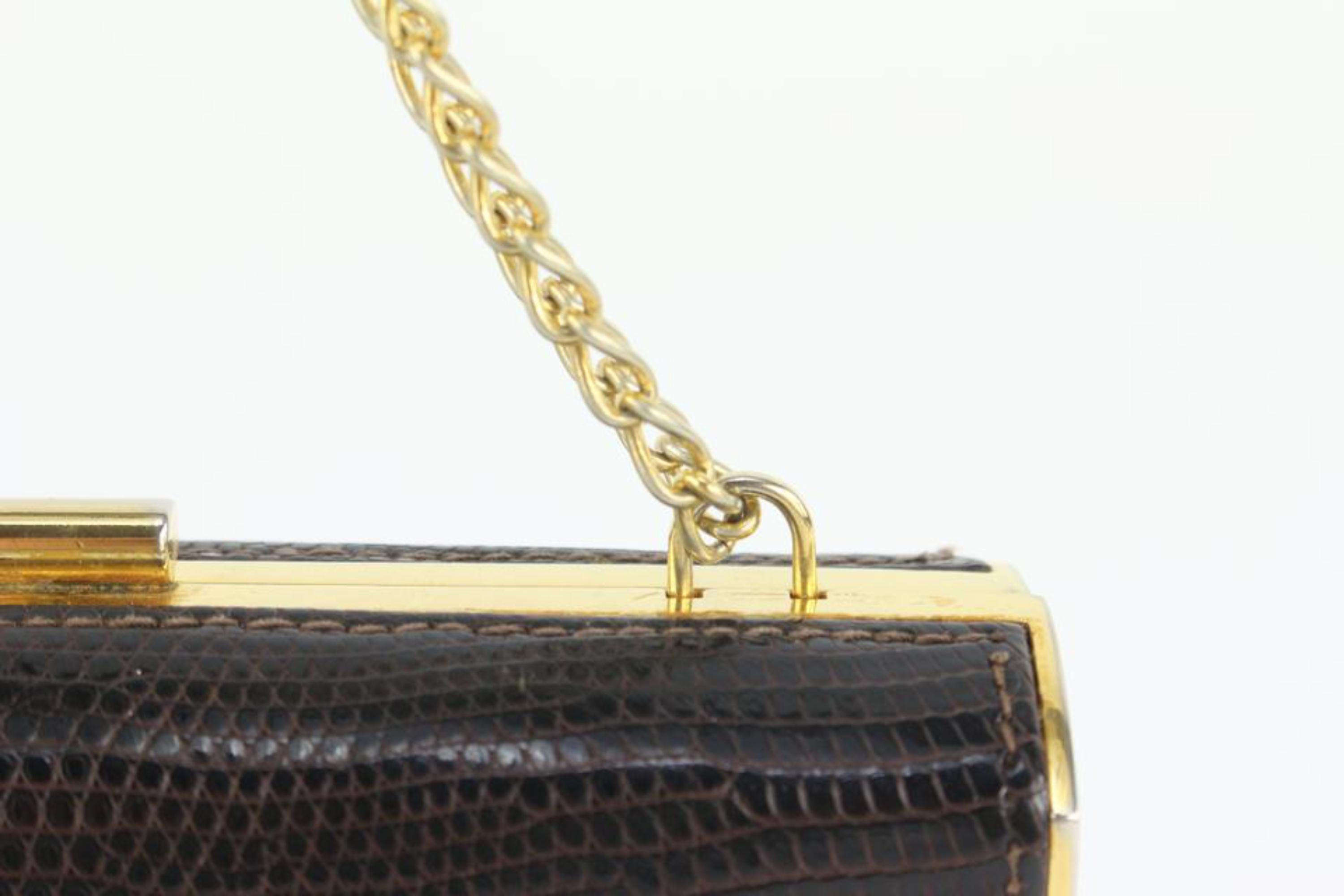 Women's Gucci Dark Brown Lizard Minaudiere on Chain Evening Clutch 113g28 For Sale