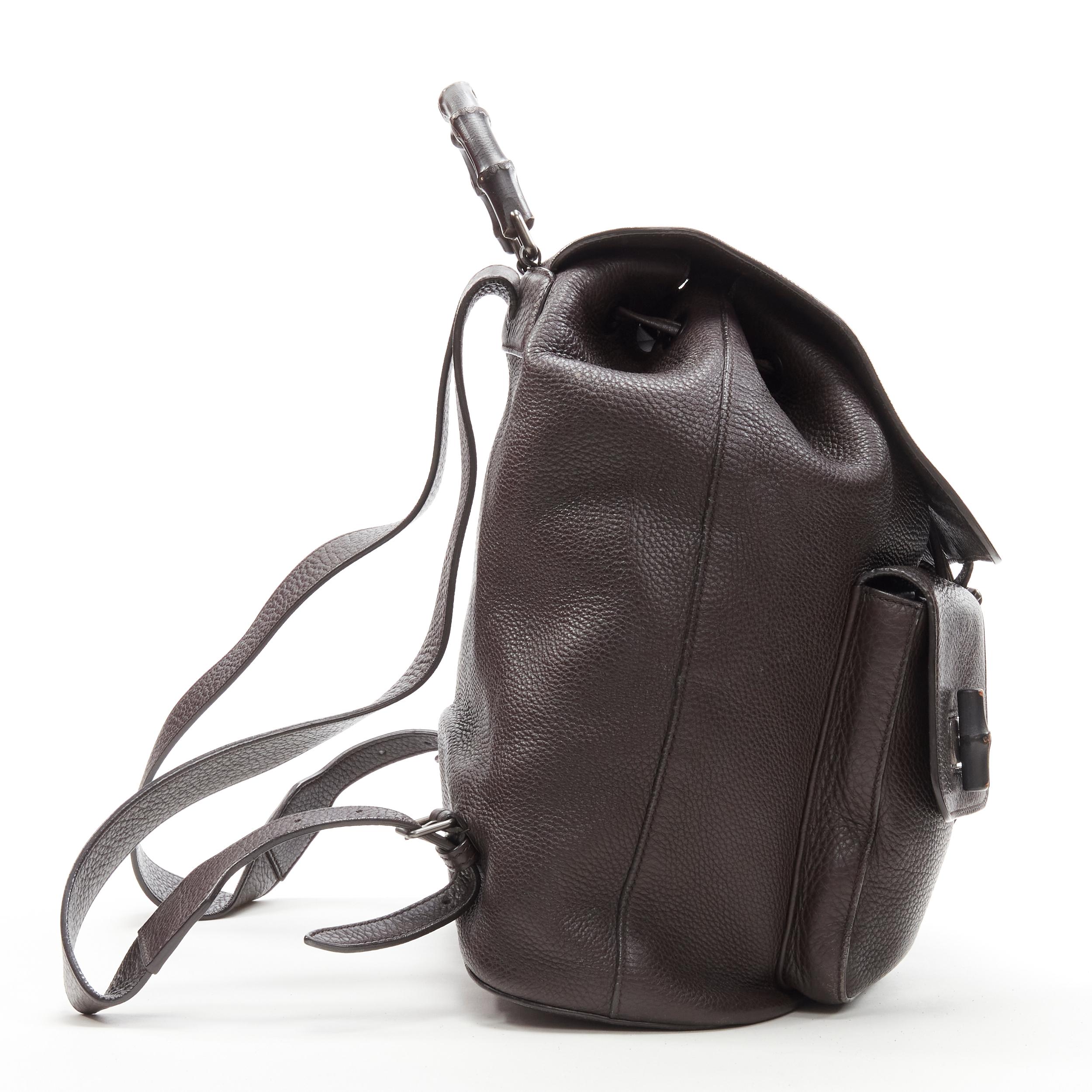 Black GUCCI dark brown pebble leather Bamboo turnlock pocket flap backpack bag For Sale