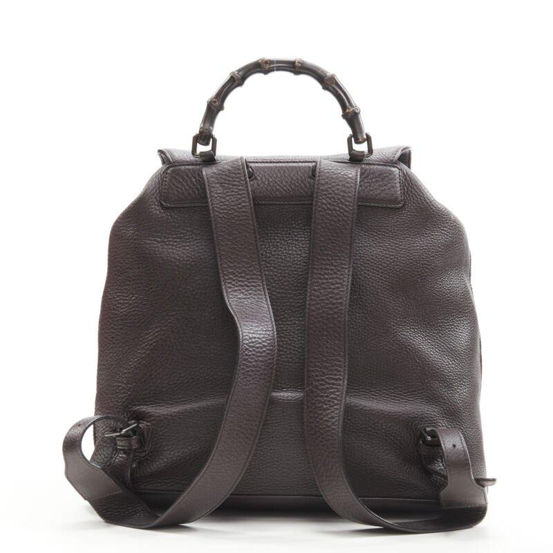 GUCCI dark brown pebble leather Bamboo turnlock pocket flap backpack bag In Good Condition In Hong Kong, NT