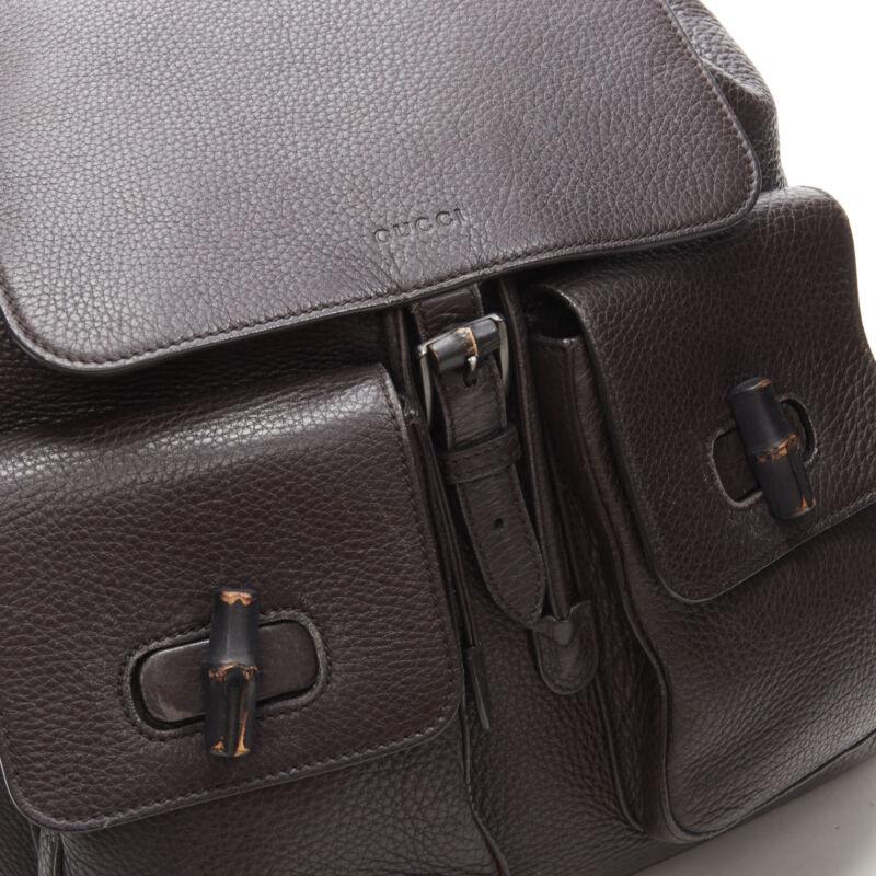 GUCCI dark brown pebble leather Bamboo turnlock pocket flap backpack bag 1