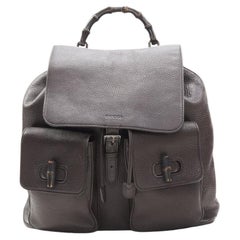 GUCCI dark brown pebble leather Bamboo turnlock pocket flap backpack bag