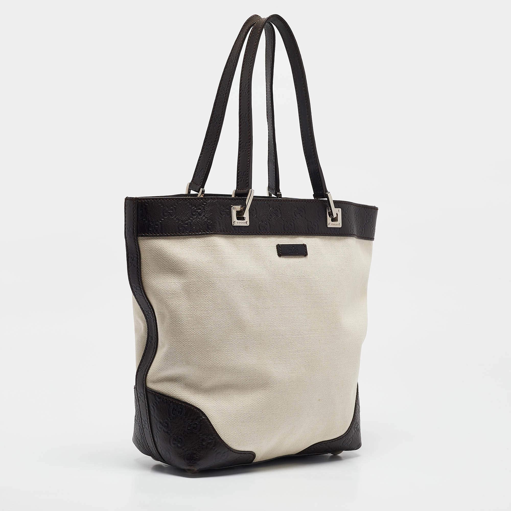 Beige Gucci Dark Brown/White Canvas and Leather Tote For Sale