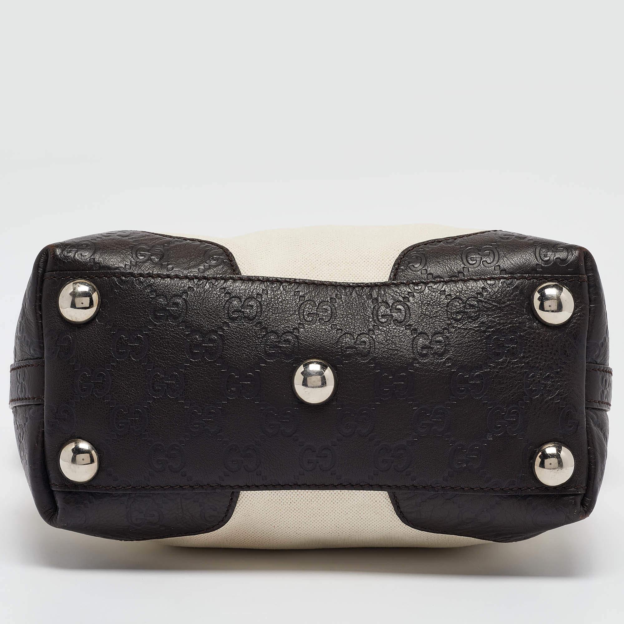 Gucci Dark Brown/White Canvas and Leather Tote For Sale 2