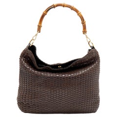 Gucci Dark Brown Woven Leather Bamboo Handle Tote