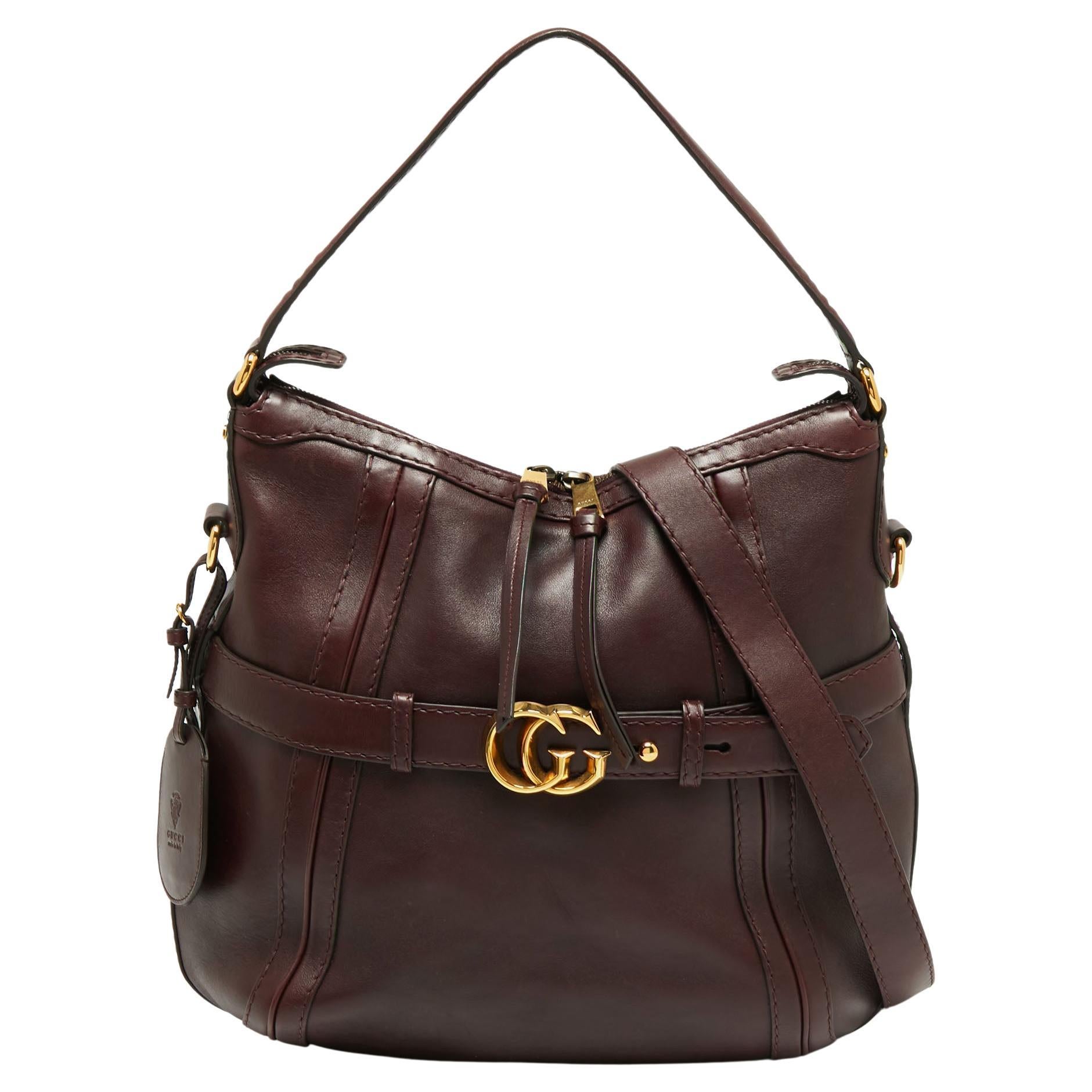 Gucci Dark Burgundy Leather Medium Double G Running Hobo