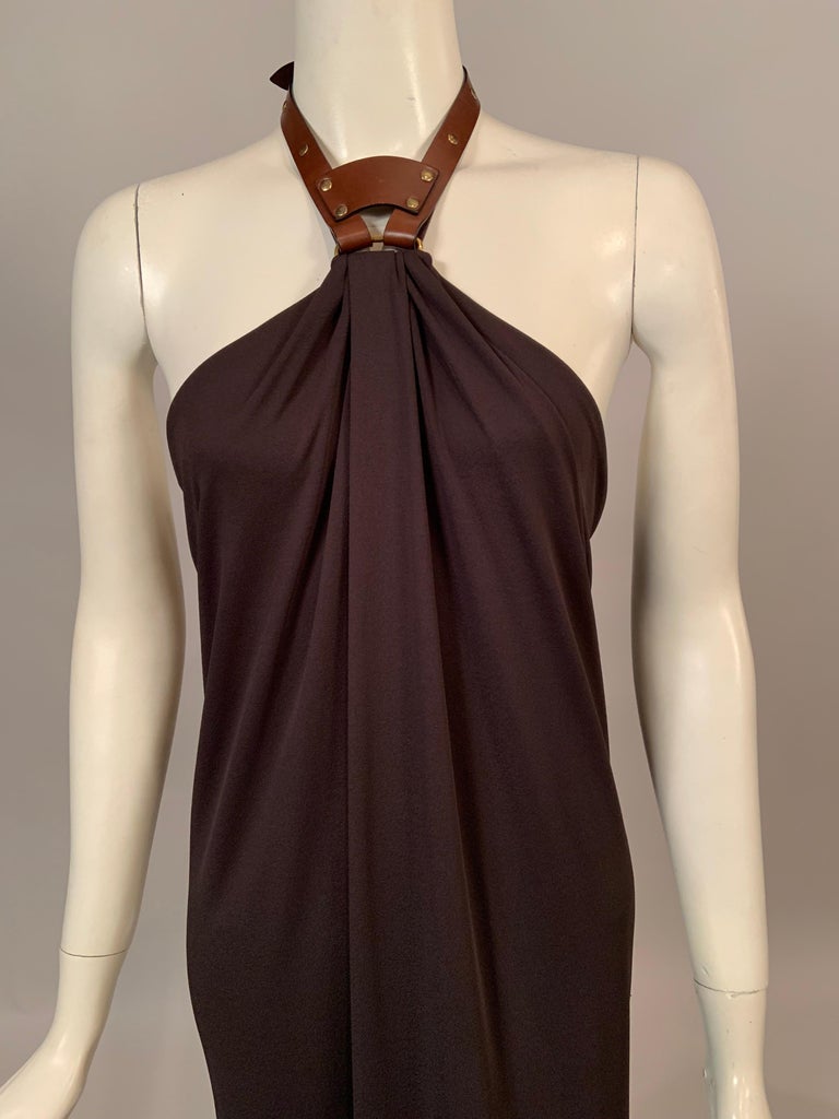 Gucci Dark Chocolate Brown Jersey Halter Dress with a Brown Leather Collar For Sale at 1stdibs