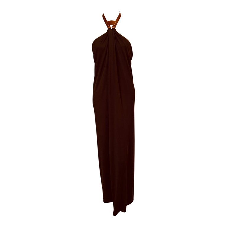 Gucci Dark Chocolate Brown Jersey Halter Dress with a Brown Leather ...