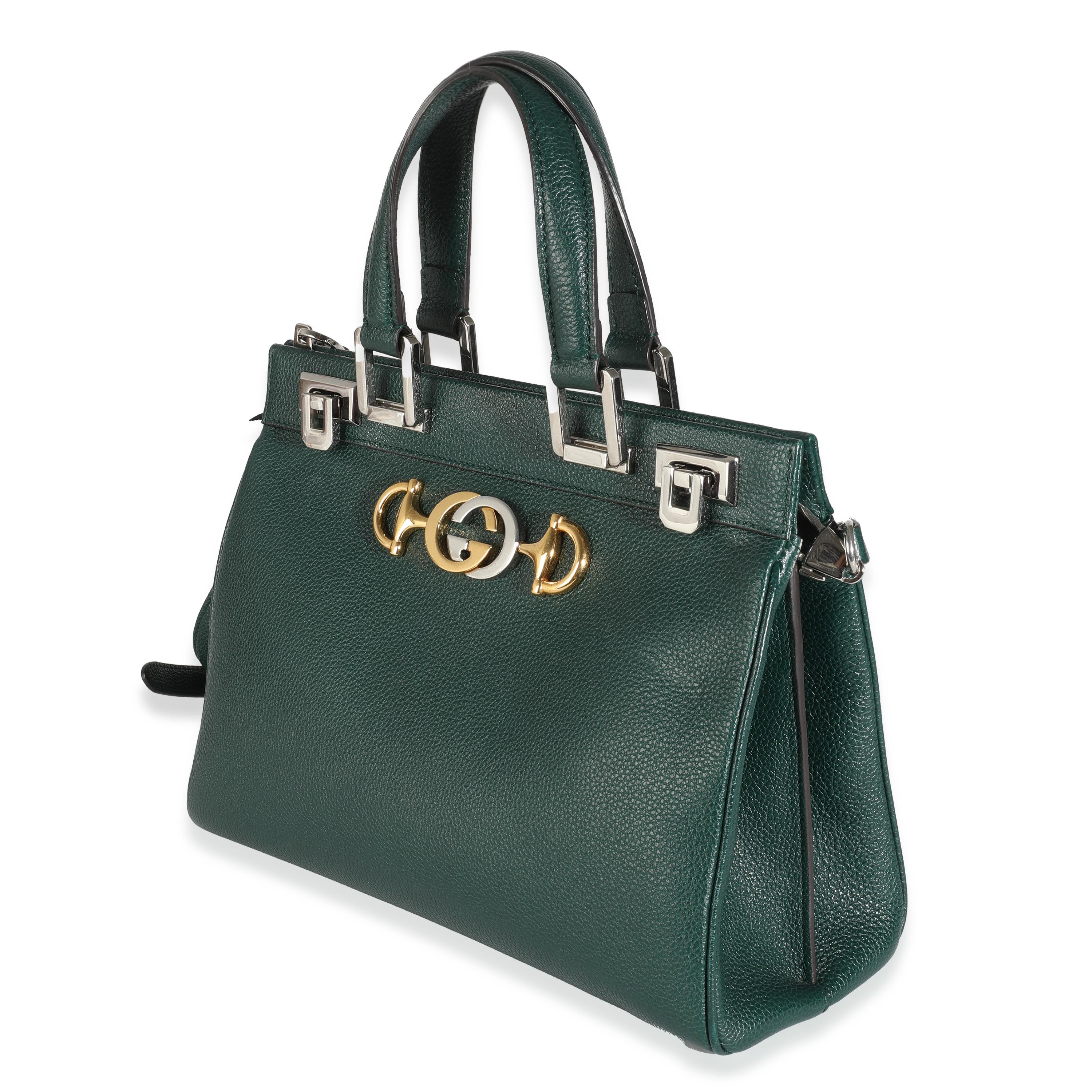 Gucci Dark Green Grainy Calfskin Small Zumi Top Handle Bag In Excellent Condition For Sale In New York, NY