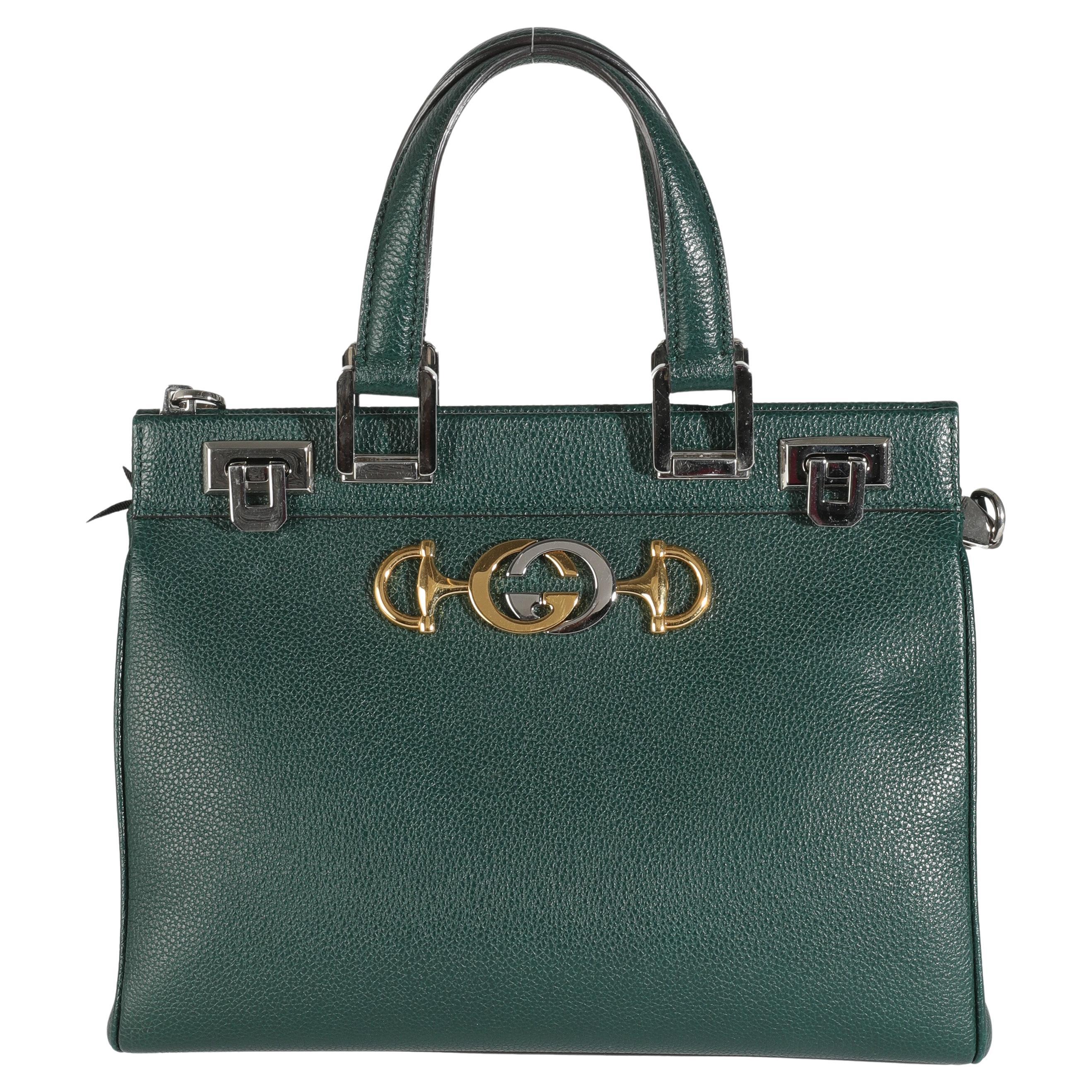 Gucci Dark Green Grainy Calfskin Small Zumi Top Handle Bag For Sale