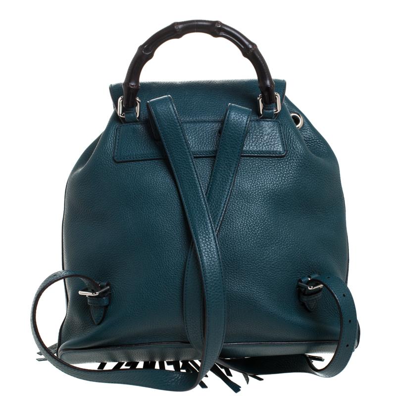 Gucci Dark Green Leather Bamboo Sac Backpack In Good Condition In Dubai, Al Qouz 2