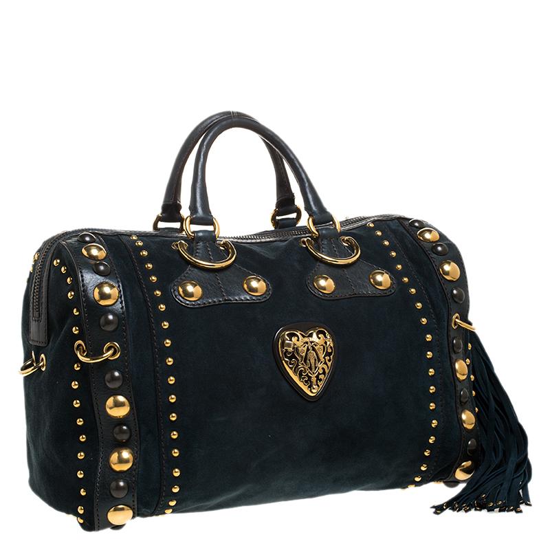 Black Gucci Dark Green Suede and Leather Large Babouska Indy Boston Bag
