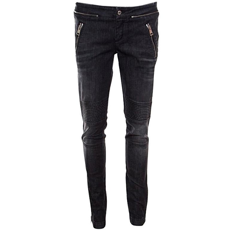 Gucci Dark Grey Faded Effect Denim Distressed Zip Detail Skinny Biker Jeans M