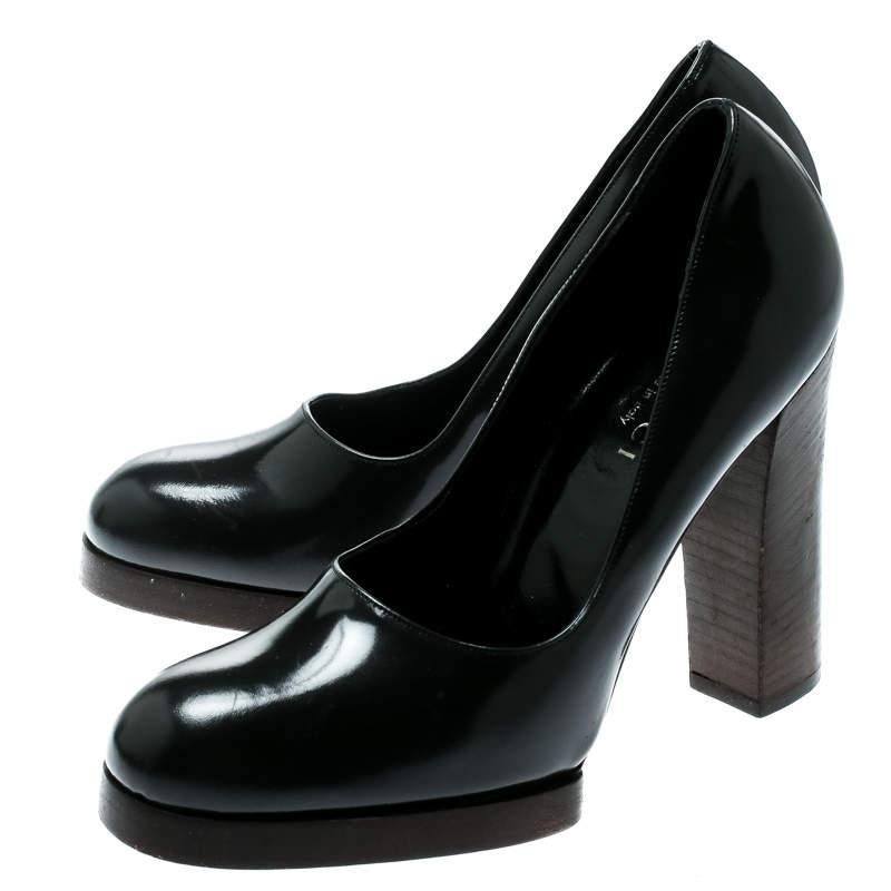 Women's Gucci Dark Grey Leather Block Heel Pumps Size 37 For Sale