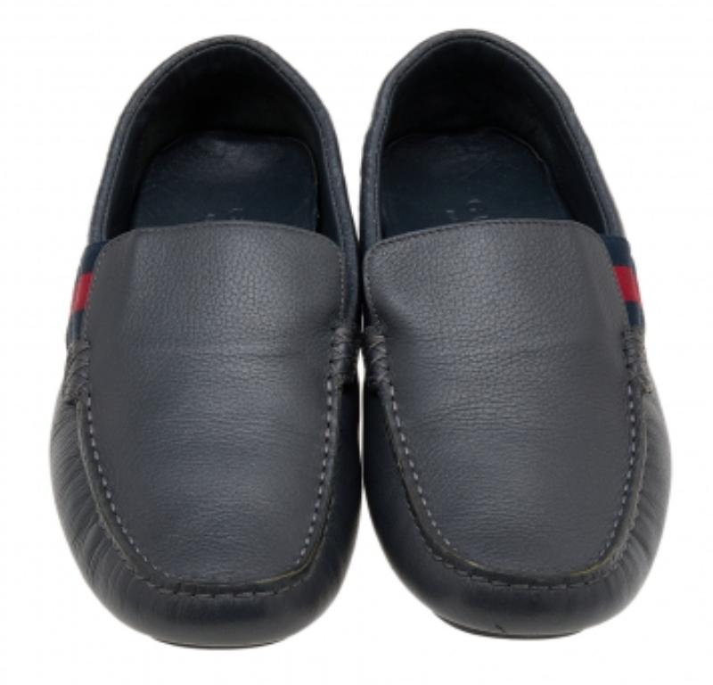 Black Gucci Dark Grey Leather Web Detail Slip On Loafers Size 41.5 For Sale