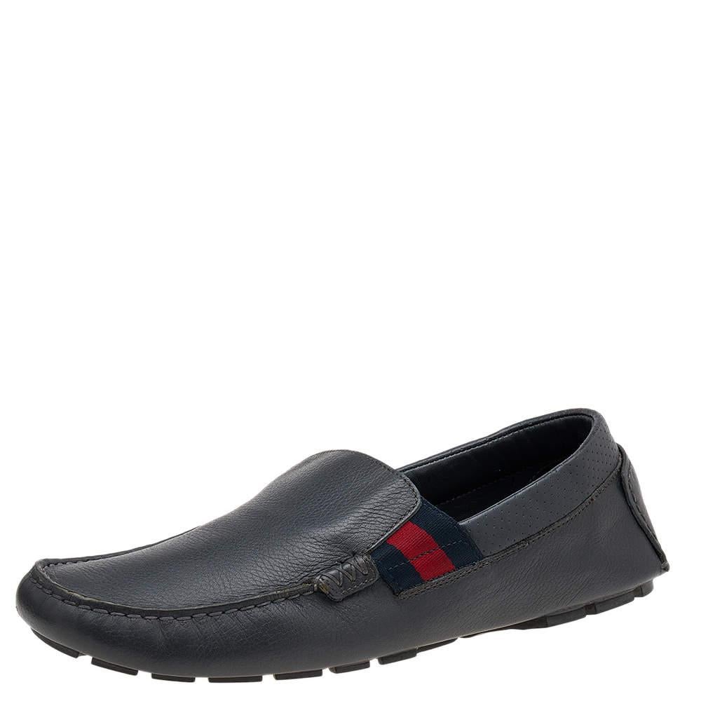 Gucci Dark Grey Leather Web Detail Slip On Loafers Size 41.5 For Sale 5