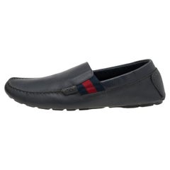 Gucci Dark Grey Leather Web Detail Slip On Loafers Size 41.5
