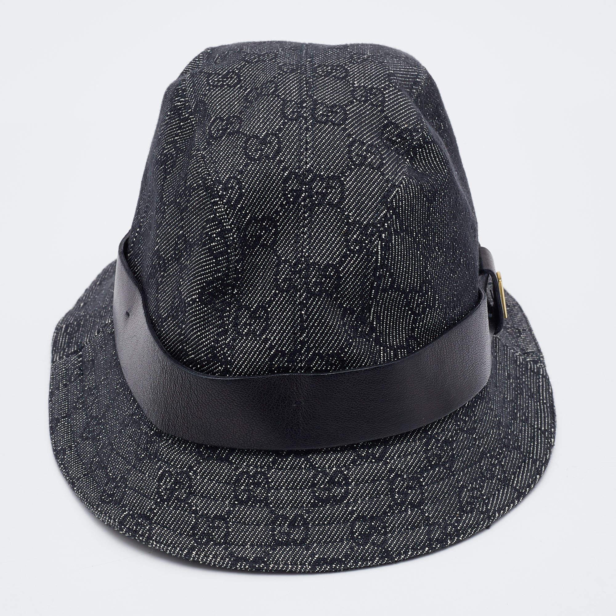 Gray Gucci Dark Grey Logo Jacquard Leather Trim Bucket Hat L