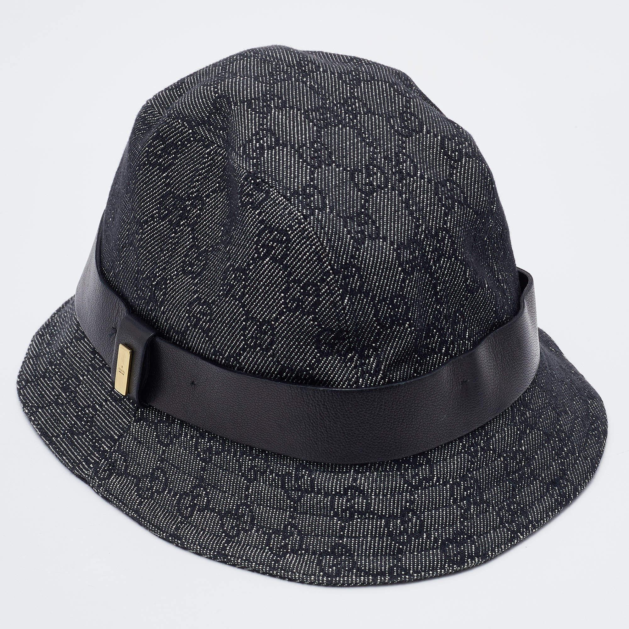 Gucci Dark Grey Logo Jacquard Leather Trim Bucket Hat L In Good Condition In Dubai, Al Qouz 2