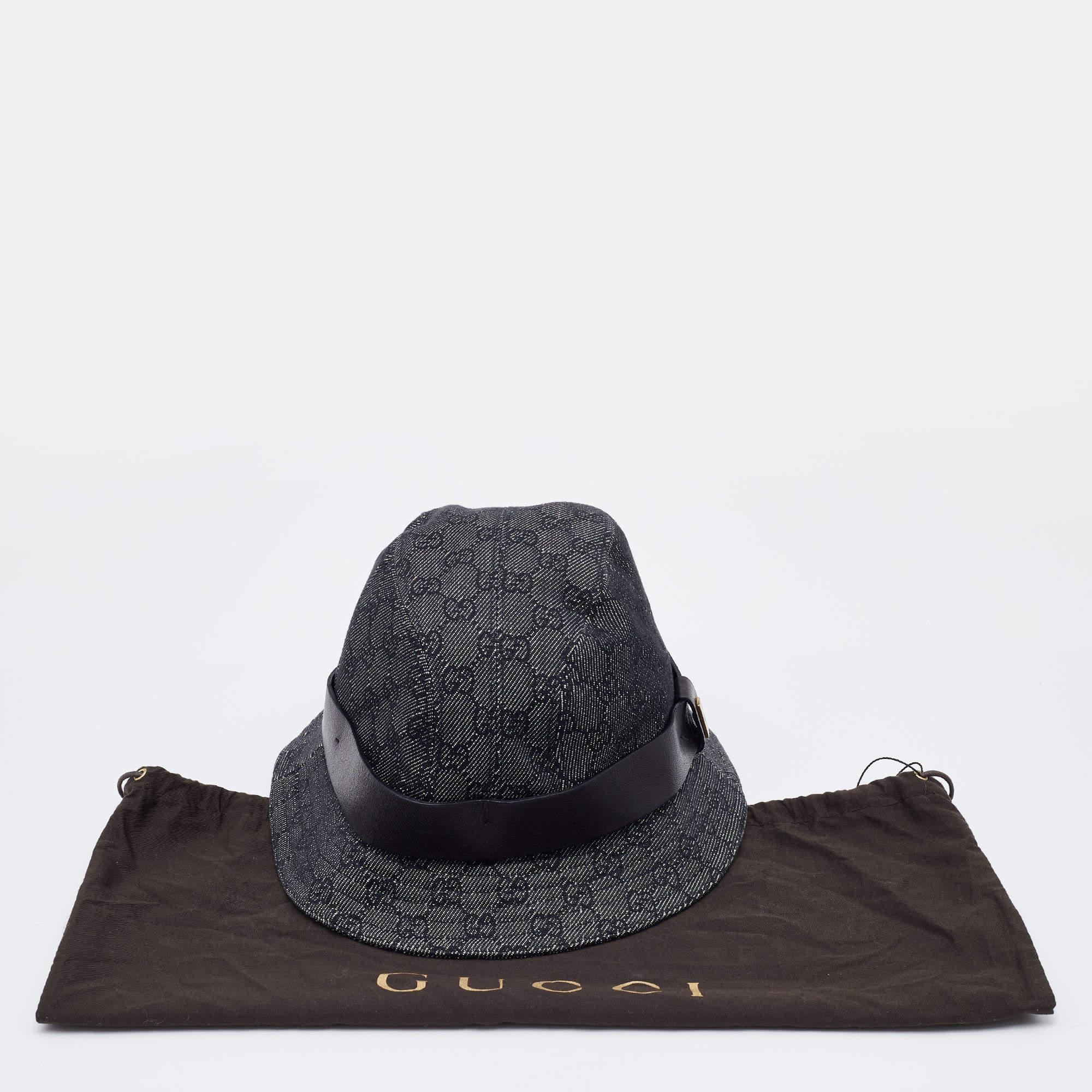 Women's Gucci Dark Grey Logo Jacquard Leather Trim Bucket Hat L