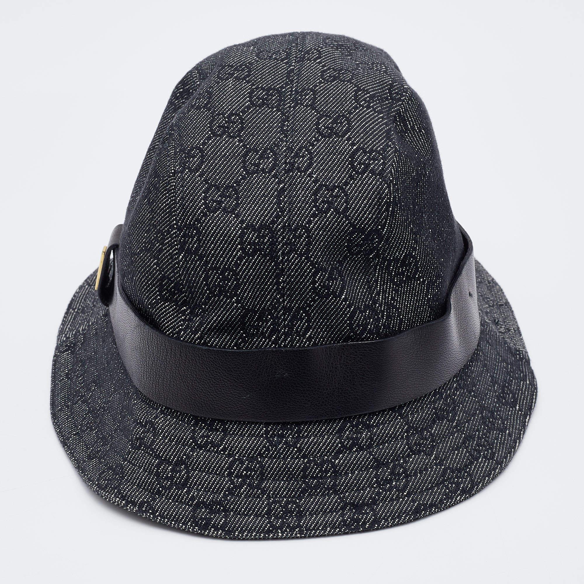 Gucci Dark Grey Logo Jacquard Leather Trim Bucket Hat L For Sale at 1stDibs