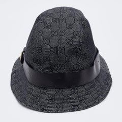 Gucci Dark Grey Logo Jacquard Leather Trim Bucket Hat L