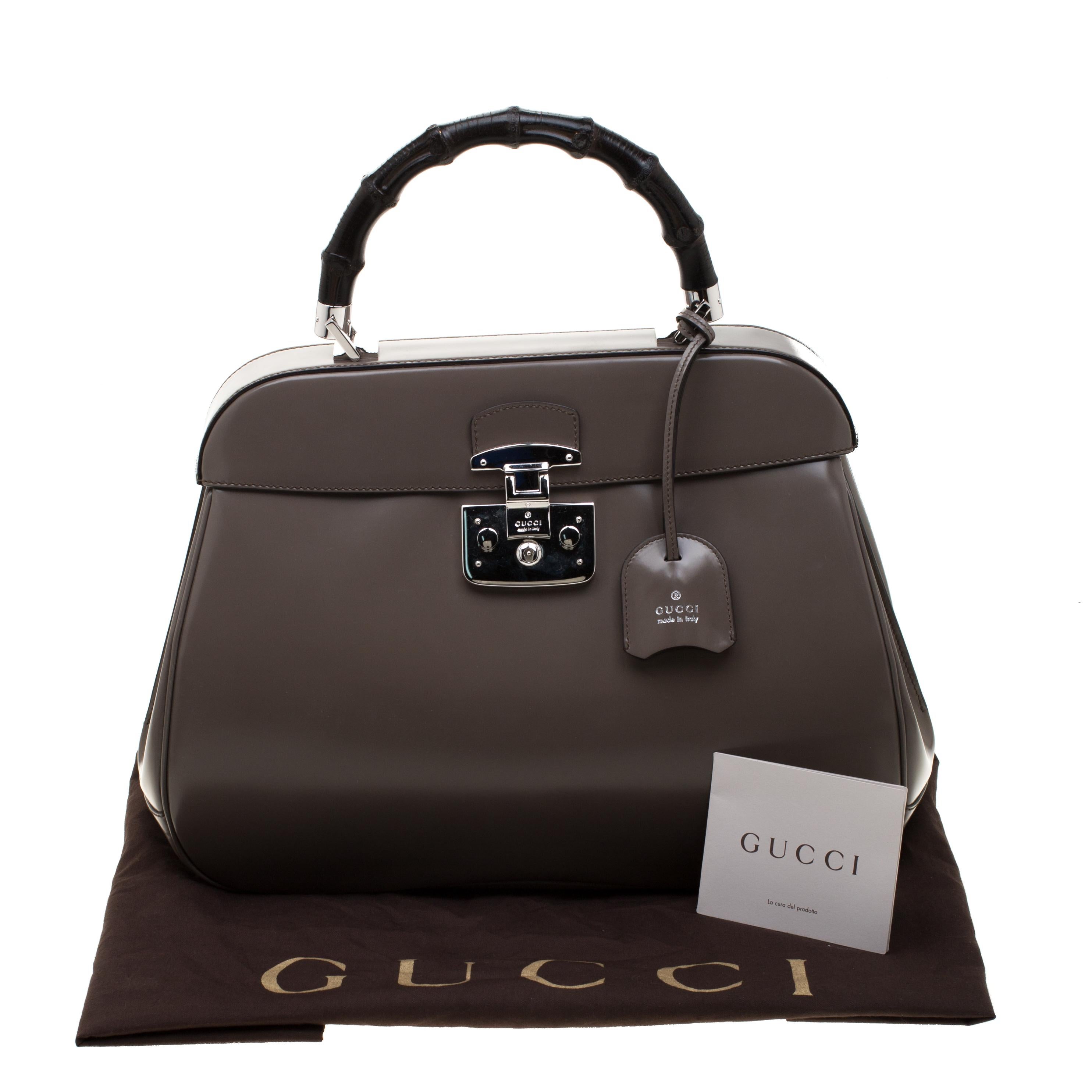 Gucci Dark Grey Patent Leather Lady Lock Bamboo Satchel 6