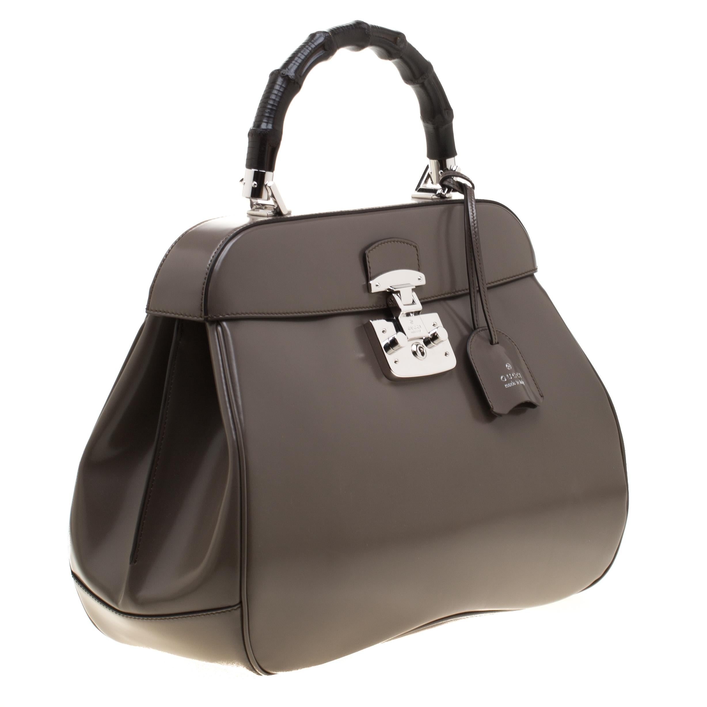 Gucci Dark Grey Patent Leather Lady Lock Bamboo Satchel In Excellent Condition In Dubai, Al Qouz 2