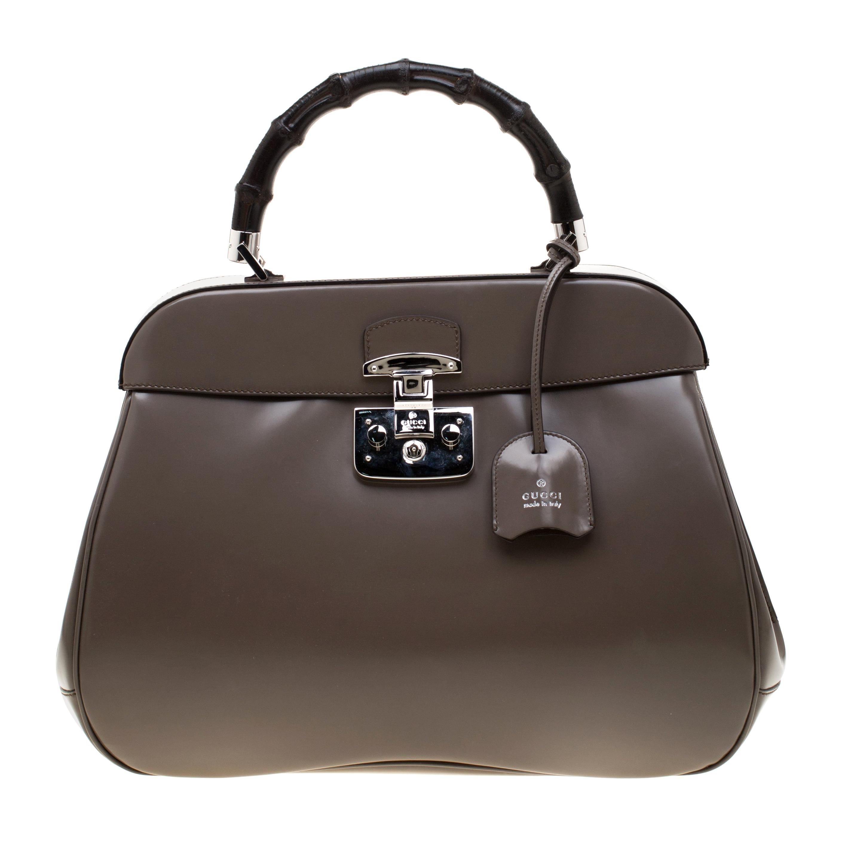 Gucci Dark Grey Patent Leather Lady Lock Bamboo Satchel