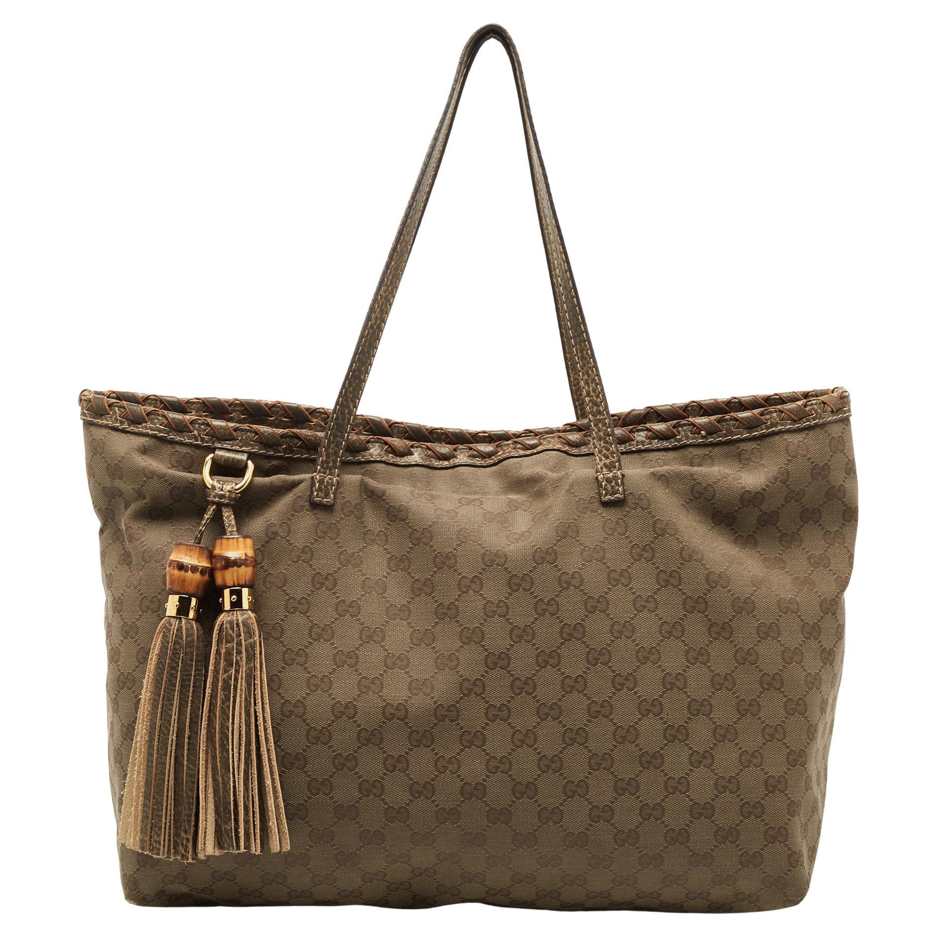 Gucci Dark Olive Green GG Canvas Bamboo Tassel Shopper Tote