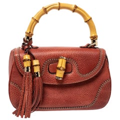 Gucci Dark Orange Grain Leather Tassel New Bamboo Top Handle Bag