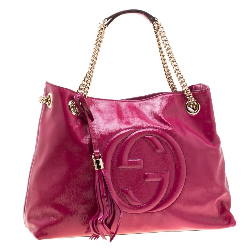 Women's Gucci Dark Pink Patent Leather Medium Soho Tote
