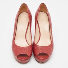 Gucci Dark Red Microguccissima Leather Peep Toe Platform Pumps Size 37