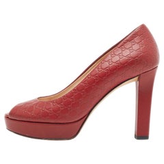 Gucci Dark Red Microguccissima Leather Peep Toe Platform Pumps Size 37