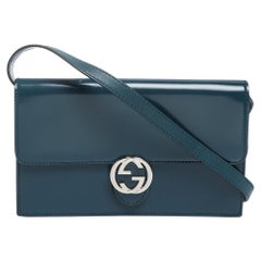 Gucci Dark Teal Leather Interlocking G Flap Clutch Bag