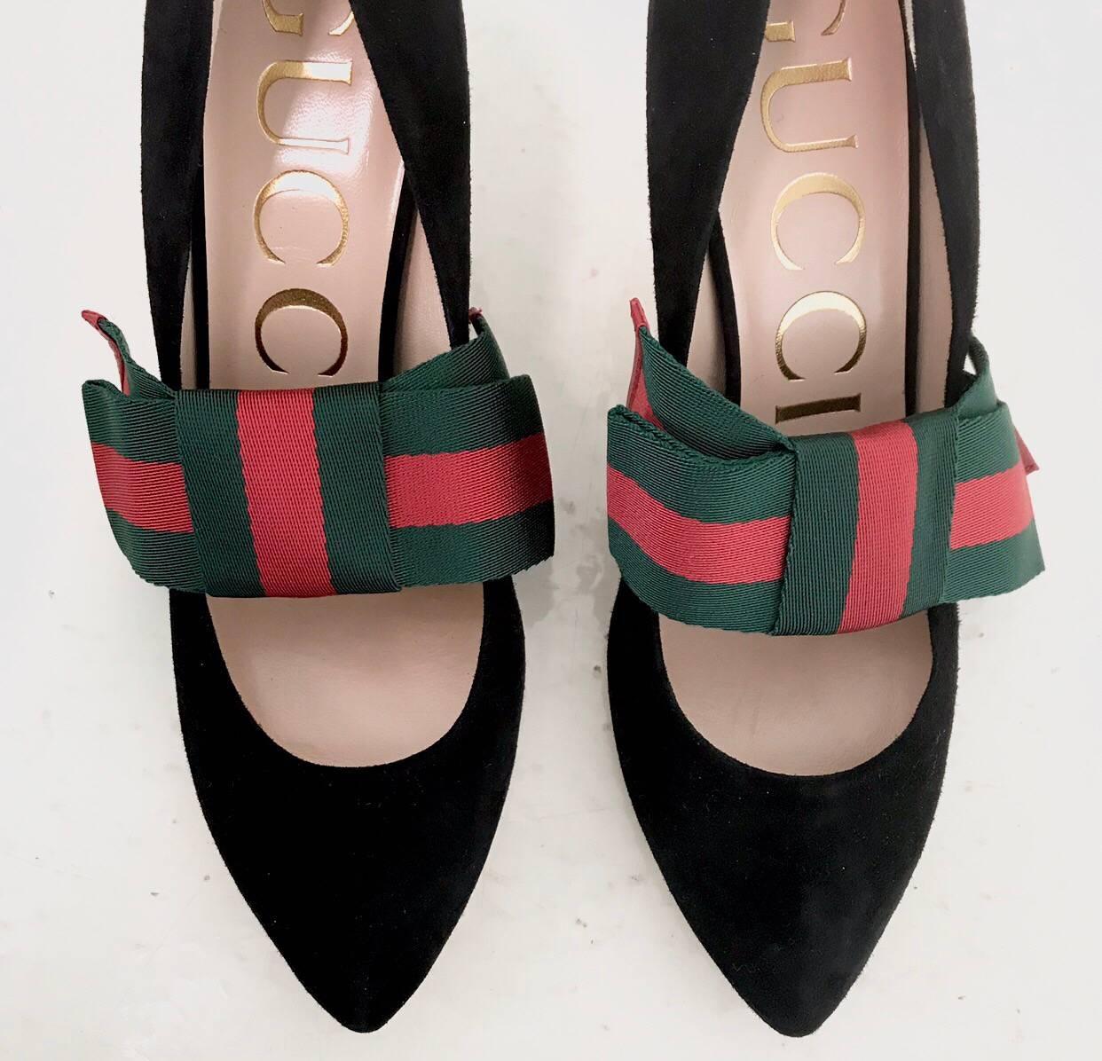 Gucci Decoltè in Black Suede Leather with Red and Green Web 2017 Size 36 For Sale 1