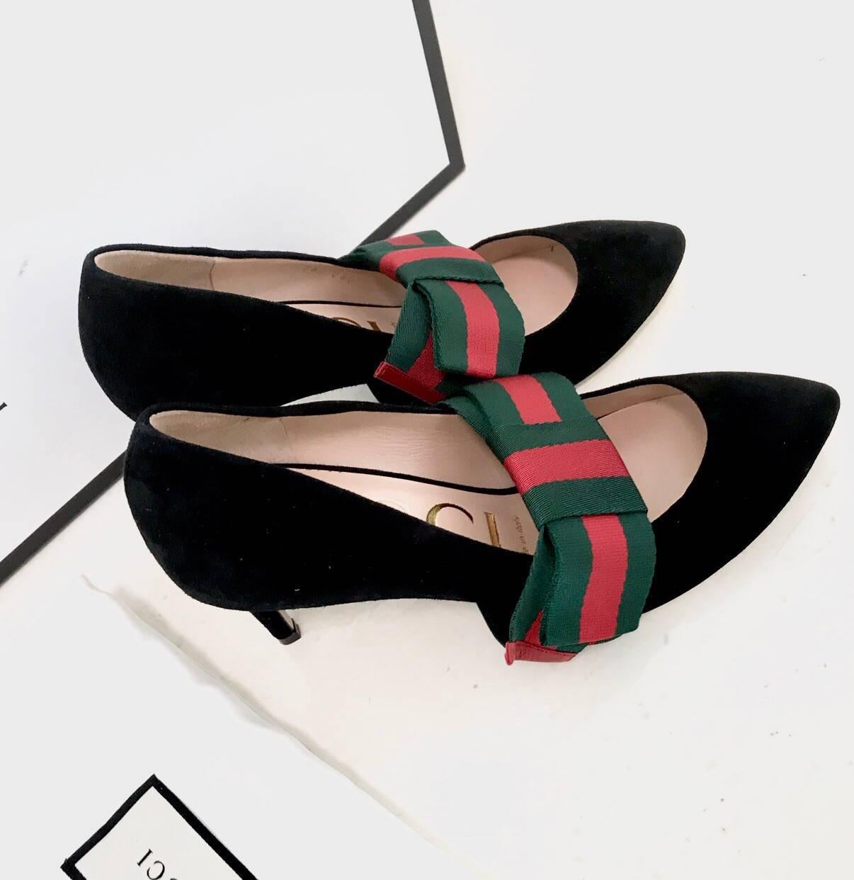 Gucci Decoltè in Black Suede Leather with Red and Green Web 2017 Size 36 For Sale 3