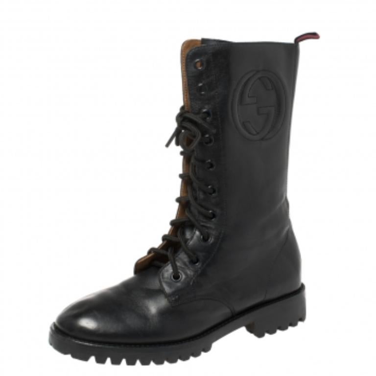 Gucci - Bottes de combat en cuir bleu marine profond, taille 35 en vente 1