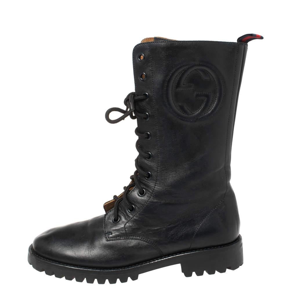 Gucci Deep Navy Leather Combat Boots Size 35 For Sale 2
