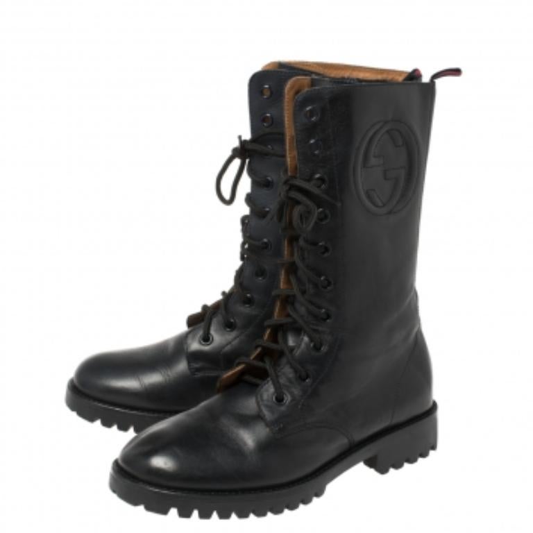 Gucci - Bottes de combat en cuir bleu marine profond, taille 35 en vente 2