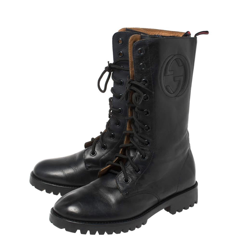 Gucci Deep Navy Leather Combat Boots Size 35 For Sale 3