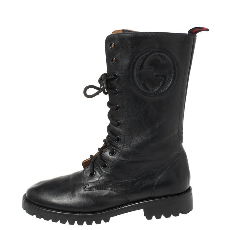 Gucci Deep Navy Leather Combat Boots Size 35 at 1stDibs