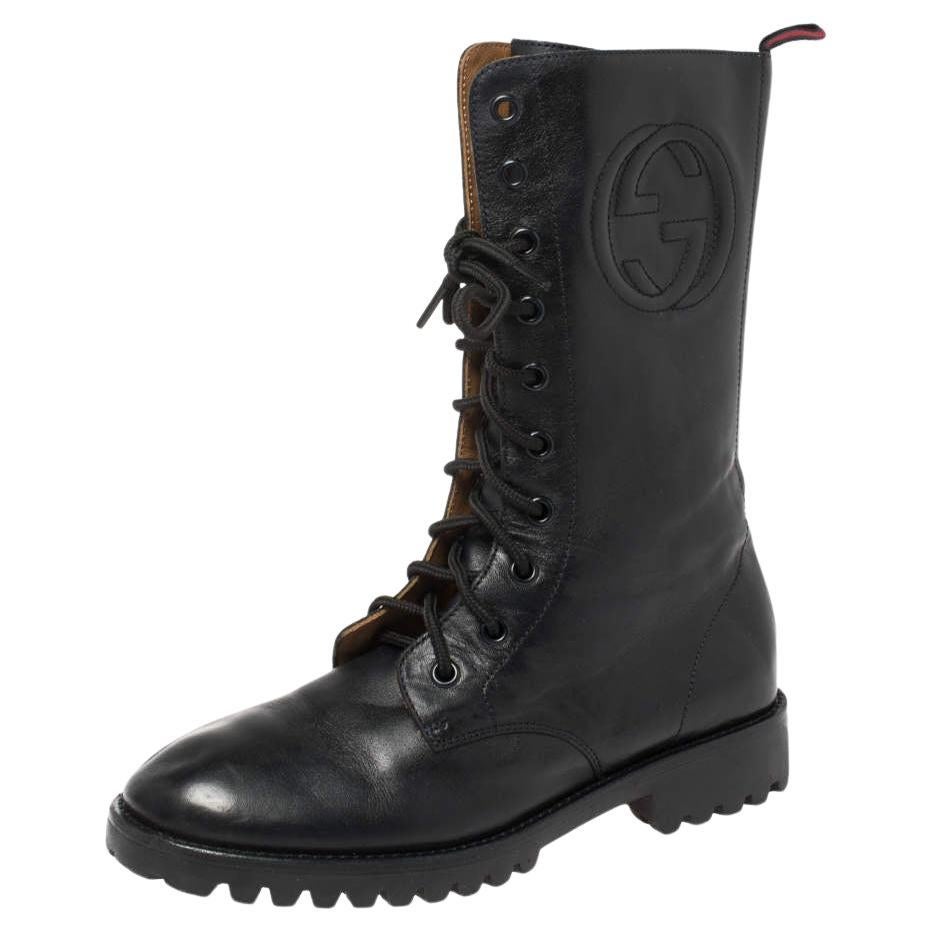 Gucci Deep Navy Leather Combat Boots Size 35 For Sale