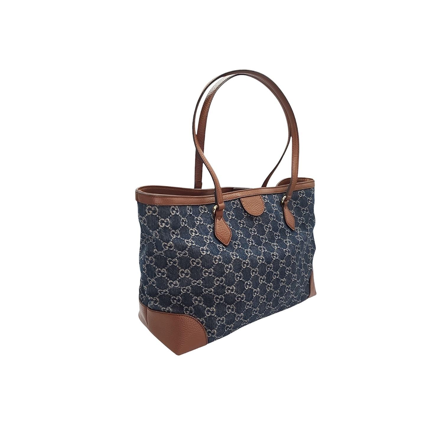 Black Gucci Denim GG Monogram Medium Ophidia Shopping Tote For Sale