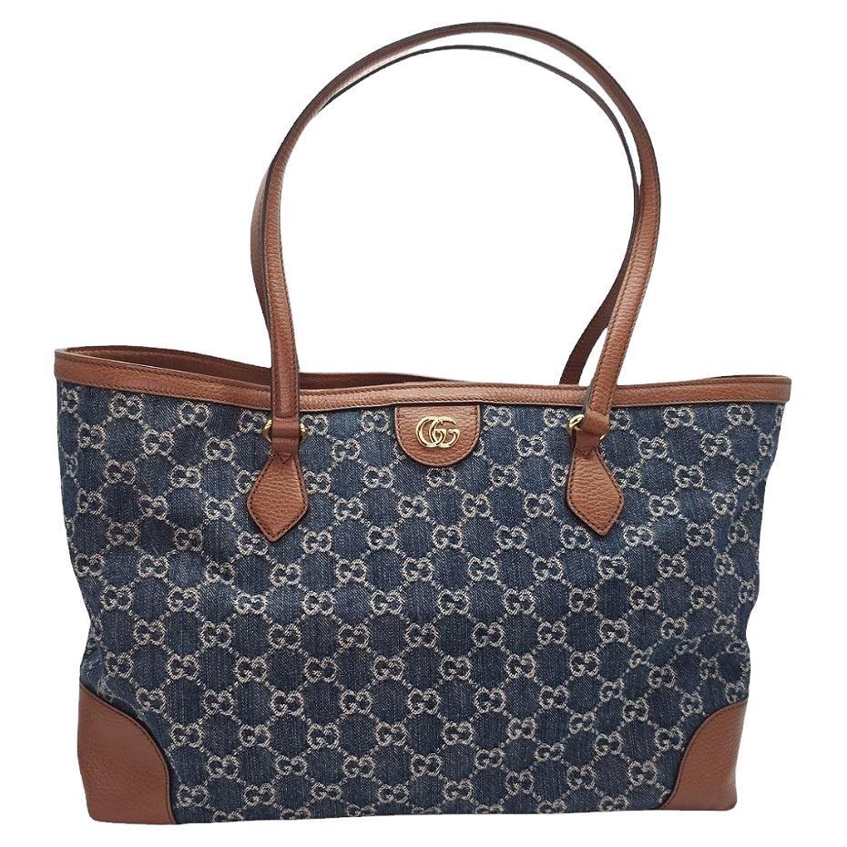 Gucci Denim GG Monogram Medium Ophidia Shopping Tote For Sale