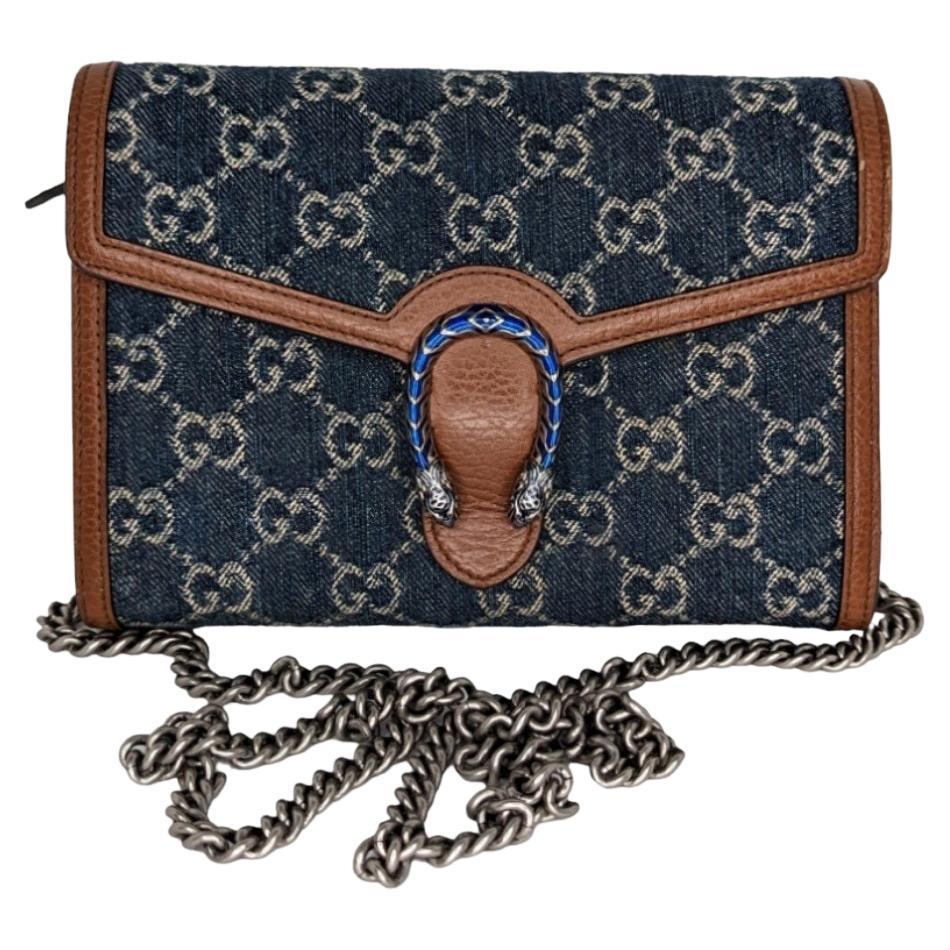 Gucci Denim GG Monogram Mini Dionysus Chain Wallet Blue For Sale at 1stDibs