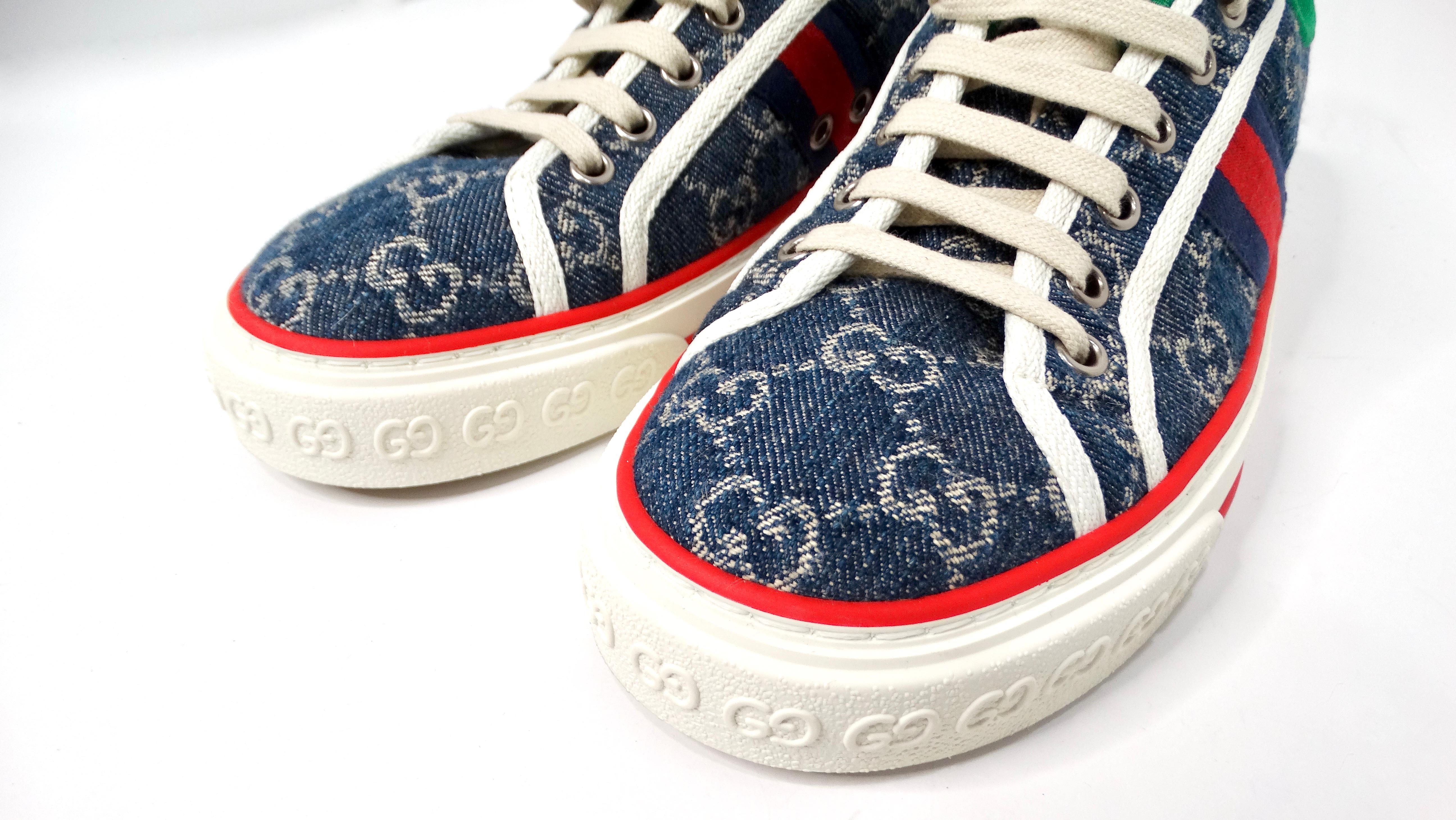 Beige Gucci Denim Monogram Web 1977 Tennis Blue Sneakers For Sale