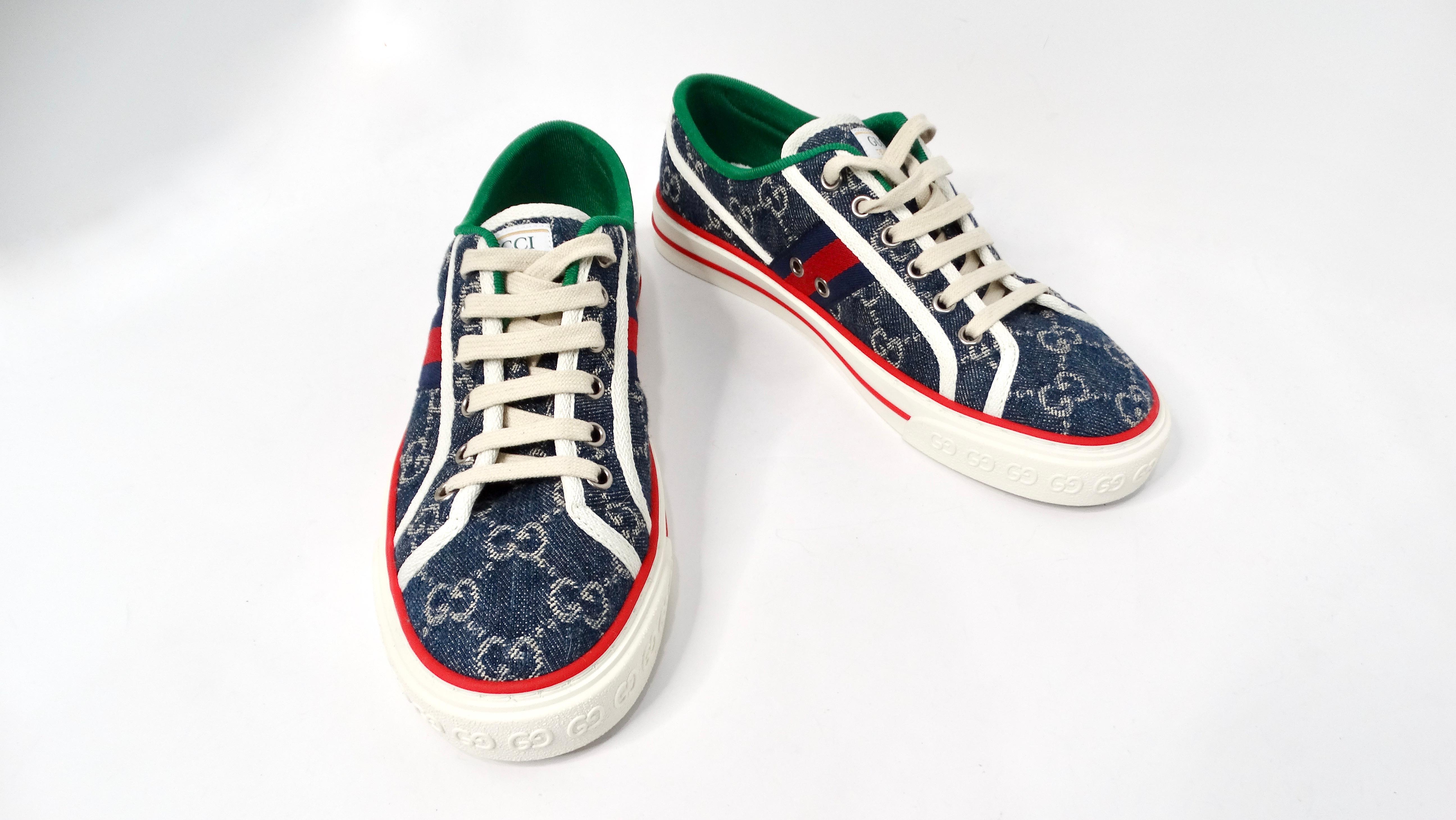 Gucci Denim Monogram Web 1977 Tennis Blue Sneakers In Good Condition For Sale In Scottsdale, AZ