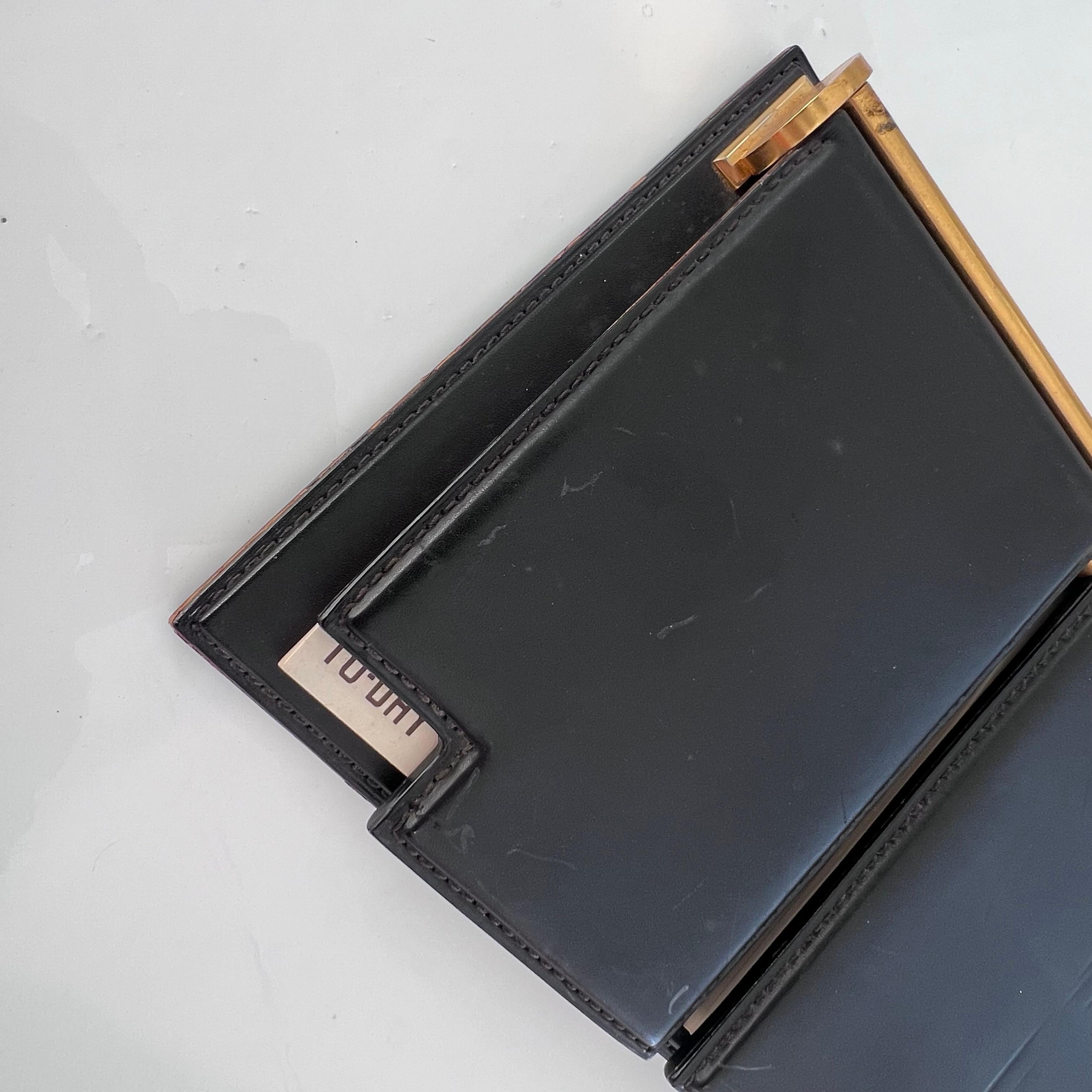 Gucci Desk Planner in Black Leather and Brass, 1970s Italy For Sale 3