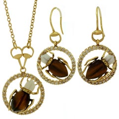 GUCCI Diamond Gemstone Yellow Gold Scarab Beetle Earrings & Necklace Set